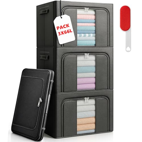 RICHXEL 3 Cajas Almacenaje Ropa 66L para Armario de Tela Rígidas y Plegables con Tapa y Cremallera · Ventana Transparente - Caja Organizadora para Mantas y Juguetes con Quitapelusas de Regalo