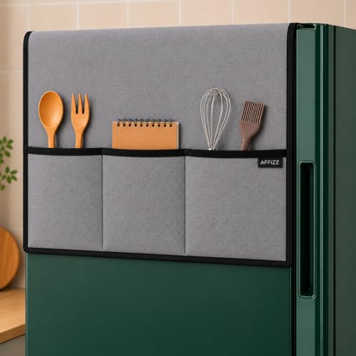 Image of Refrigerator Single Door Waterproof & Dustproof Protective Top Cover with 6 Storage Pockets - Washable Polyester Fridge Cover for Kitchen Organization (130 x 54 cm, Grey)