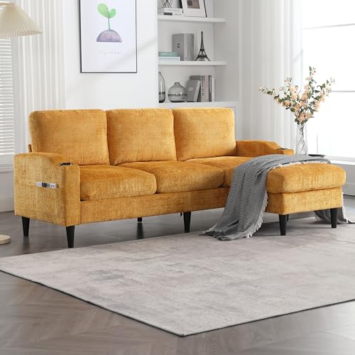 Merax 3-Sitzer Sofa Ecksofa L-Form mit Polsterhocker (inkl. Stauraum), Samtstoff-Couch klein mit bequemen Armlehnen, Getränkehalter & Seitentaschen – für Wohnzimmer/Schlafzimmer/Wohnung, Gelb