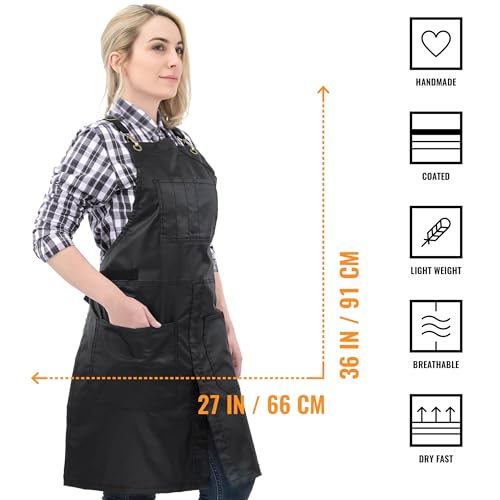 Under NY Sky Cross-Back Panther Black Apron – Coated Twill with Leather Reinforcement and Split-Leg – Adjustable for Men and Women – Pro Barber, Tattoo, Hair Stylist, Barista, Bartender, Server Aprons