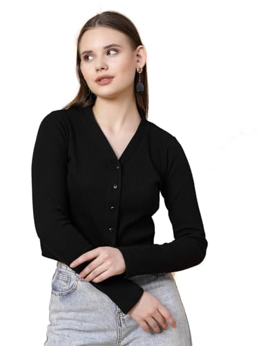 Image of Rigo Casual Wear V Neck Rib Knit Top for Women | Slim Fit Long Sleeves Western Tops for Women