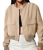 Modegal Women's Spring Varsity Bomber Jackets Long Sleeve Cropped Button Down Casual Coat with Pockets Outwear