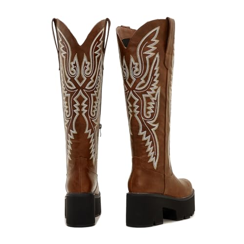 Image of Uillnoodu Women's Red Platform Cowgirl Boots with Zipper - Western Knee-High Chunky Sole Cowboy Boots