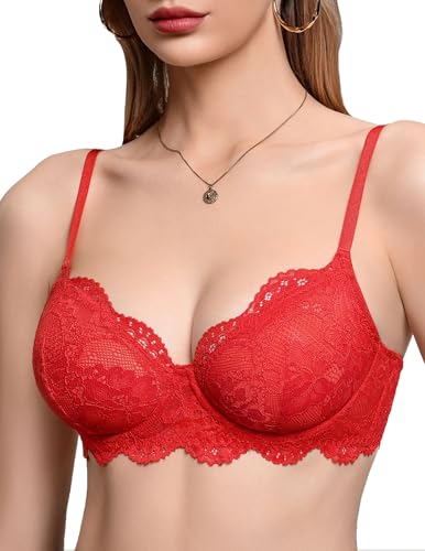 Avidlove Womens Sexy Bra Lace Bralette Mesh Underwire Everyday Bra Unlined Lingerie Red