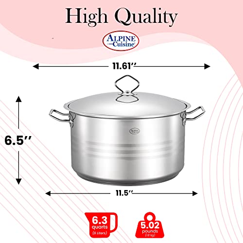 Alpine Cuisine 6.3-Quart Stainless Steel Dutch Oven With Lid & Easy Cool Handle, Food Grade Stainless Steel Heavy Duty, Commercial Grade Healthy Cookware Kitchen Dutch Oven, Dishwasher Safe #TOP2