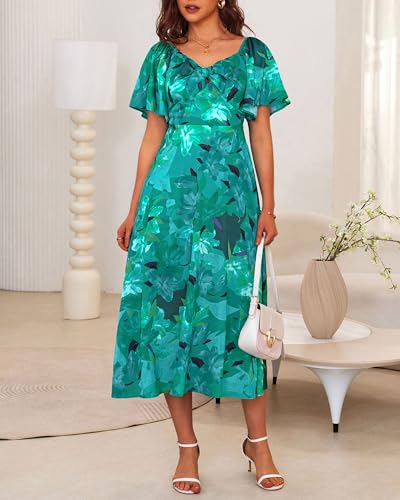 Image of Fashionme Womens Dresses 2026 Maxi Dresses Deep V Neck Elegant Bow Tie Front Cap Sleeve Summer Floral Satin Smocked Dress