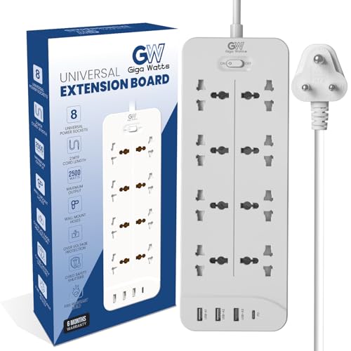 Image of GIGAWATTS 12-in-1 Power Extension Board with 8 Universal Sockets, 12W Type-C PD & 3 USB Fast Charging Ports 2500W 10A 2M Heavy Duty Cable 250V Fireproof Child-Safe Surge Protector (6 Months Warranty)