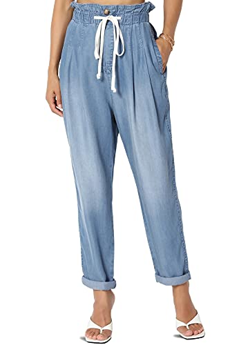 TheMogan Women's Chic Paperbag High Waist Chambray Joggers w Elastic Cuffs Tencel Pants