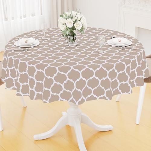 Image of Smiry Round Table Cloth, Flannel Backed Vinyl Tablecloth, 60 inch Round | Waterproof Plastic Tablecloths, Wipeable Table Cover for Dining, Indoor and Outdoor (Khaki)