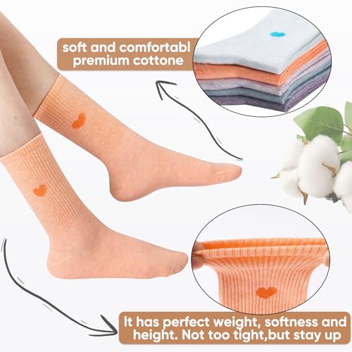 Image of Corlap Women's Cotton Crew Calf Socks - 5 Pairs Ankle High Dress Casual Socks, Fun Cute Heart Gifts for Mom Mother