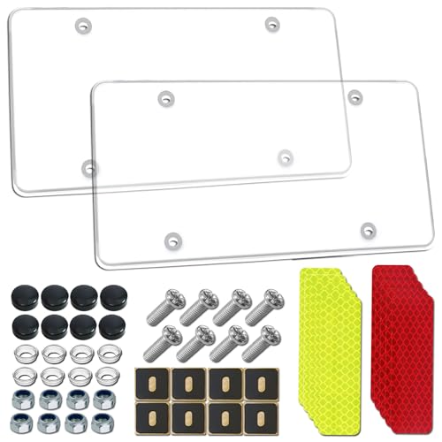GNSZSN License Plate Covers - 2 Pack Clear Flat License Plate Protector Heavy Duty Ubreakable Plastic Shields with Screws & 10PCS Reflective Stickers for Front or Rear Car Tags