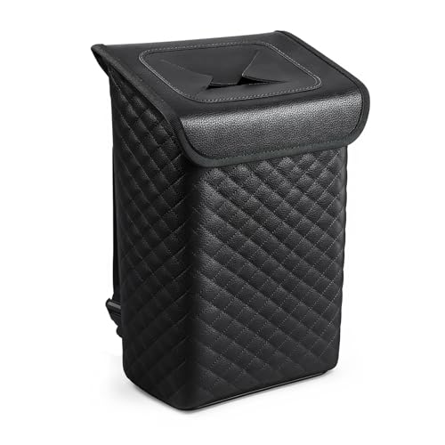 Tsumbay Car Trash Can with Lid, Leather Garbage Can, Leakproof and Removable Interior Liner, Multipurpose Hanging Garbage Bin with Quick Access Magnetic Opening, Trash Bin for Car (2 Gallon/7.5L)