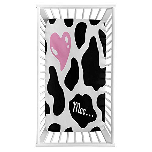 Image of Cow Print Fitted Crib Sheet,Camouflage Hide Pattern in Black and White with Cute Pink Heart Shape Moo Microfiber Silky Soft Toddler Mattress Sheet Fitted,28"x 52"x 8'',Baby Sheet for Boys Girls