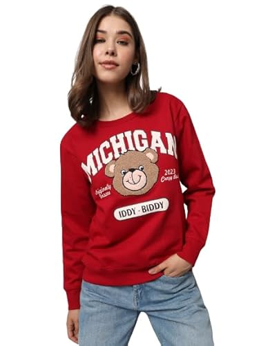 Womens Loose Fit Teddy Sweatshirt with Round Neck & Chennile Embroidery Cherry red