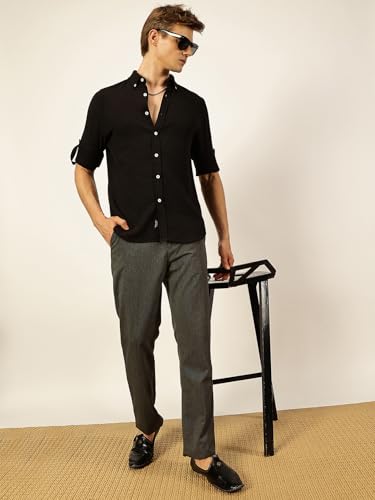 Image of Thomas Scott Men's | Solid | Textured Fabric | Full Sleeve | Slim Fit | Polyester-Blend | Spread Collar | Casual Shirt
