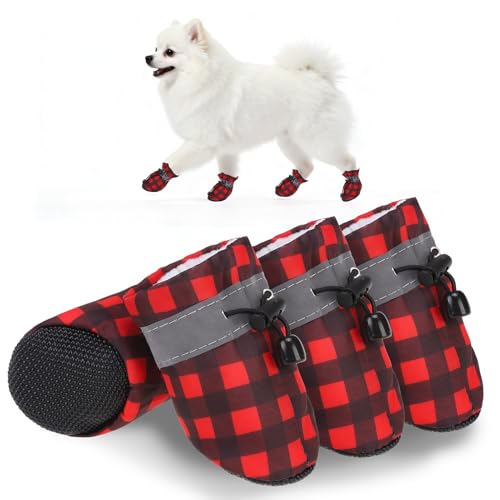 SCENEREAL Christmas Fleece Dog Shoes for Small Medium Dogs, Anti-Slip Sole Puppy Boots & Paw Protectors with Reflective Straps Red Plaid Warm Soft Outdoor Walking Indoor Hardfloors, Size 2