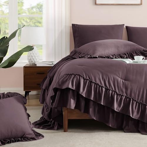 Image of Twin XL Comforter Set Dark Purple Ruffle 5 Pieces Bed in a Bag for Dorm | Farmhouse Shabby Chic Fluffy Bedding Sets with Sheets, Pillowcase & Sham