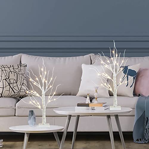 Vanthylit Tabletop Christmas Tree, White Birch Tree With Led Lights- Set Of 2, Warm White Small Tree Lights Battery Powered Timer, Lighted Tree For Mantle Christmas Decor (2Ft, 24Led) #TOP5