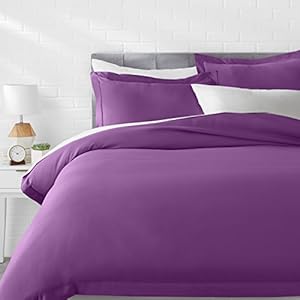 AmazonBasics Microfiber Quilt Cover Set with 2 Pillow Covers, Purple, Plum, Queen Size 3-Piece