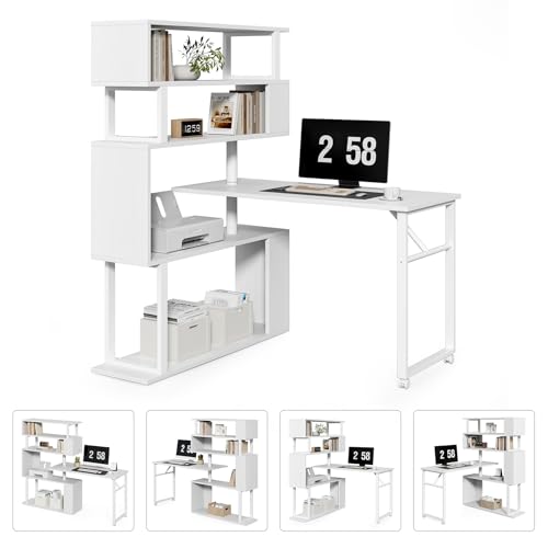 LITTLE TREE White Rotating Desk with Bookshelf, L-Shaped Computer...