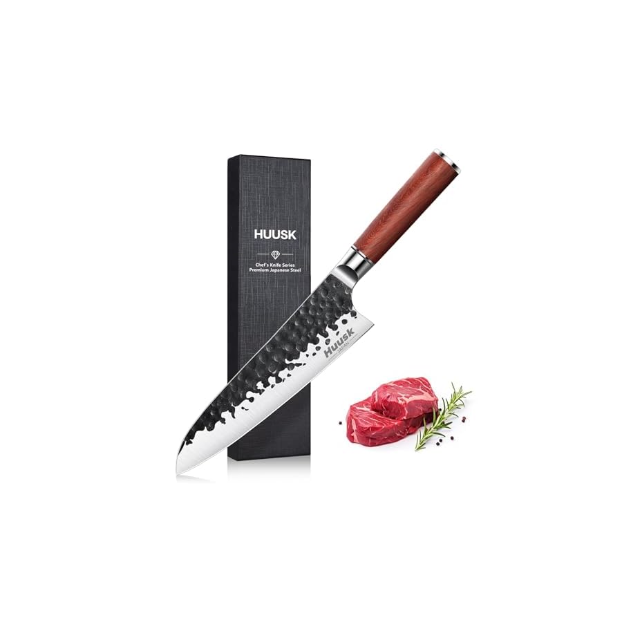 Huusk Japanese Chef Knife, 8 Inch Gyuto Knife with Hand Forged Carbon Steel Blade, Profesional Kitchen Chef Knife with Rosewood Handle, Razor Sharp Japanese Cooking Knife, Gift for Dad