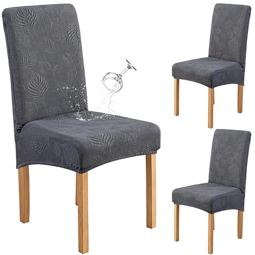 Image of Genina Waterproof Dining Chair Cover Set of 2,Kitchen Chair Cover,Dark Grey | Stretch Dining Room Chair Slipcovers with Leaf Jacquard,Removable Kitchen Chair Protector for Home,Restaurant,Banquet