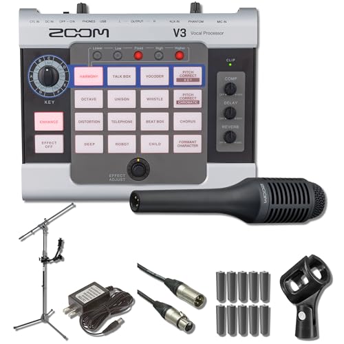 Zoom V3 Multi-Effects Vocal Processor with HRM-11 Handy Recorder Mount, SGV-6 Directional Shotgun Vocal Microphone, Euro Boom Microphone Stand, AD-16 9V Power Supply and 10x AA Batteries