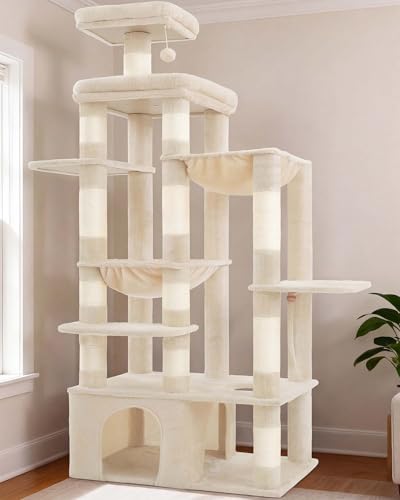 Image of Heybly Cat Tree, 71-Inch Tall Cat Tower for Large Maine Coon Cats with Extra-Large Baseboard, Cat Condo Furniture with Multi-Level Platforms, 2 Hammocks and 12 Scratching Posts, Beige HCT037M