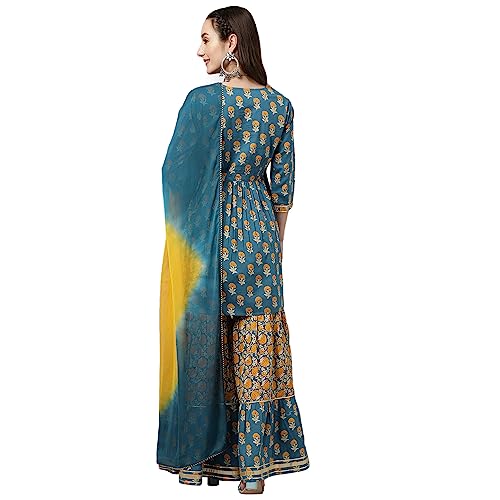 Image of FIORRA Women's Mor Peach Pure Cotton Flared Kurta with Sharara and Dupatta