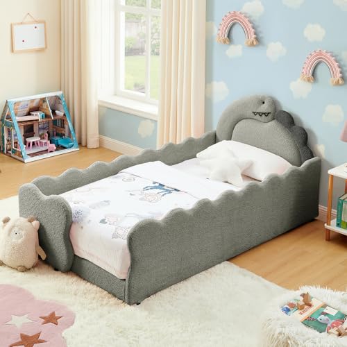Image of Twin Size Kids Floor Bed Frame, Upholstered Montessori Platform Bed Cute Dinosaur-Shaped Daybed Frame for Girls Boys, No Box Spring Required, Grey