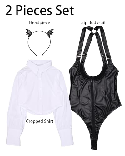 NewBull Leder Cosplay Bodysuit Sexy für Damen Reißverschluss Lederbody Trikot mit verkürzten Hemden PVC Overalls Wetlook Dessous Set Body Glänzend Clubbekleidung Rollenspielkostüm Party Club Outfit