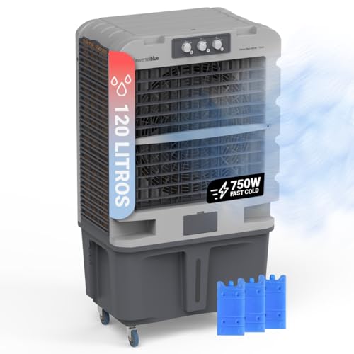 UniversalBlue, Climatizador Evaporativo 120L 750W – 13.000 m³/h, Aire Acondicionado Natural Portátil para hasta 150 m², 3 Velocidades, Oscilación, Uso Industrial y Doméstico