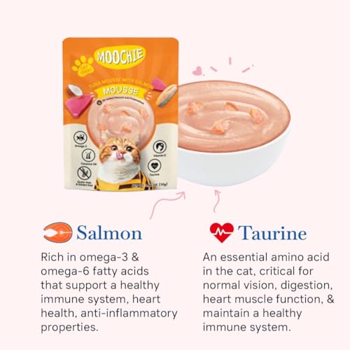 Image of PETS EMPIRE Moochie Tasty Wet Cat Food (85 g X 12 Pouches) Mousse with Salmon, Grain Free Cats Gravy Meal, No Artificial Flavours Kitten Food, Non-Vegetarian Cat Foods Pouch for Kittens