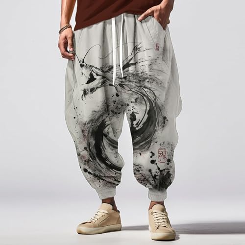 Japanese Pants Men Casual Baggy Anime Print Joggers Sweatpants Elastic Drawstring Boho Hippie Harem Pants with Pocket2