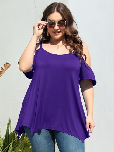 Image of LARACE Cold Shoulder Tops for Womens Summer Clothes Spaghetti Strape Tunic Oversized Shirts Asymmetrical Plus Size Blouse