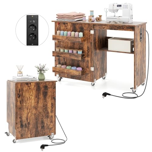 GIANTEX Nähtisch mit Ladestation, Nähmaschinentisch klappbar, Nähschrank mit Rollen, Nähmaschinenschrank Holz mit Stauraum, Nähtisch für Nähmaschine, Mehrzwecktisch 116 x 41 x 78 cm (Rustikal Braun)