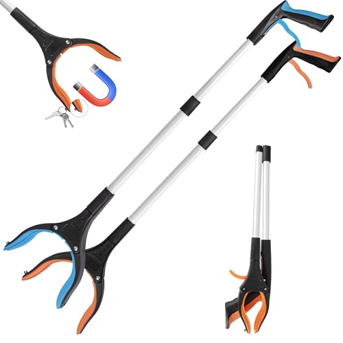 bemece 2 Stück Greifzange für Senioren mit Magnet, 83cm Müllzange mit 360° Drehbarer Kopf, Faltbare Greifer für Senioren, Gartenarbeit und Behinderung (Orange+ Blau)