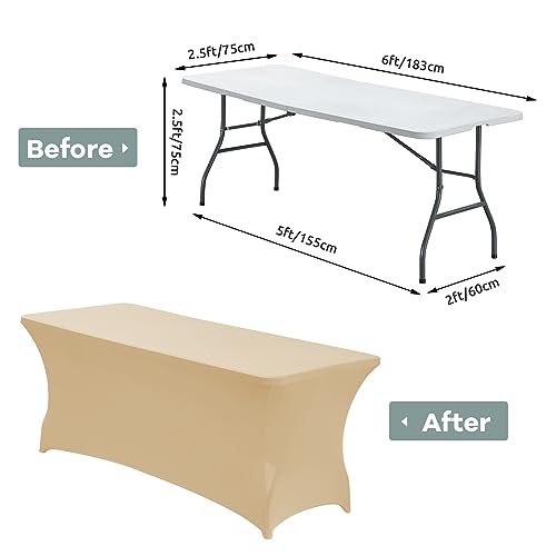 Image of CWK 6FT Stretch Spandex Table Cover for Rectangular Tables - Elastic Fitted Tablecloth for Folding Tables,Wrinkle Resistant Table Cloth for Parties, Weddings, Banquets & Events (Champagne)
