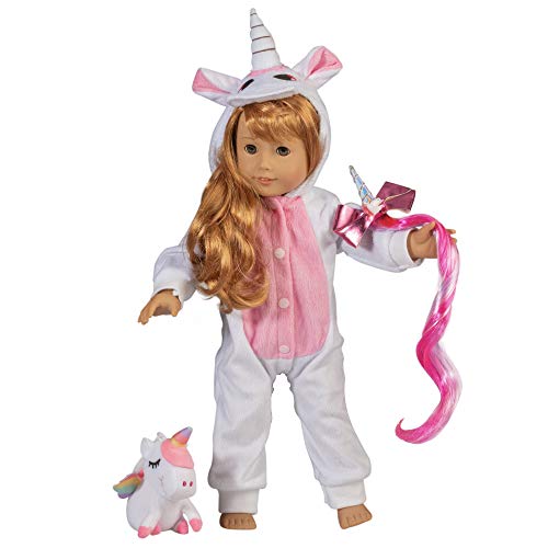 Dress Along Dolly Unicorn Onesie Pajama Doll Outfit with Unicorn Pet and Hair Clip (3pc PJ Set) - Premium Handmade Clothes Costume for All American 18 inch Girl Dolls