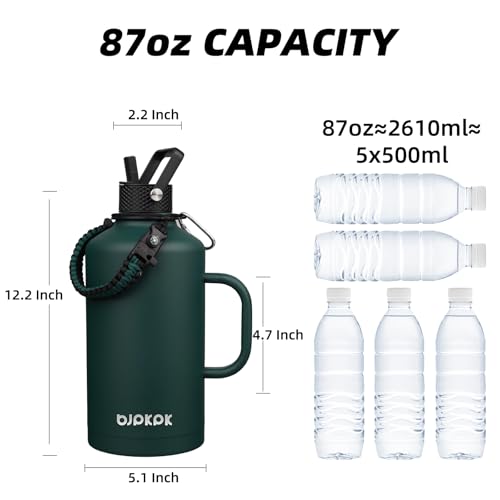 Image of BJPKPK 2 /3 Gallon Water Bottle Insulated with Straw Lid, 87oz Large, Stainless Steel Water Bottles with 3 Lids and Paracord Strap, Double Wall Vacuum Metal Water Jug, Army Green