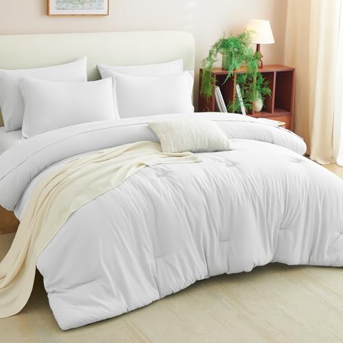 CozyLux Full Comforter Set White, 7 Pieces Bed in a Bag Soft Bedding Comforter Set with Sheets, All Season Boho 7PC Bed Sets with Comforter, Fitted Sheets, Flat Sheets, Pillow Shams and Pillowcases