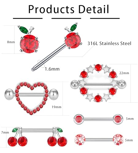 14G Nipple Rings for Women 316L Stainless Steel Heart Cherry,Star Butterfly Nipple Barbell CZ Cute Nipple Rings Set Nipplerings Piercing Jewelry2