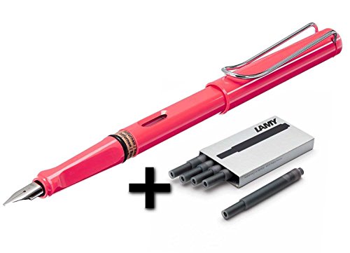 Lamy Safari Fine Fountain Pen Neon Coral Plus 5 Black Ink Cartridges