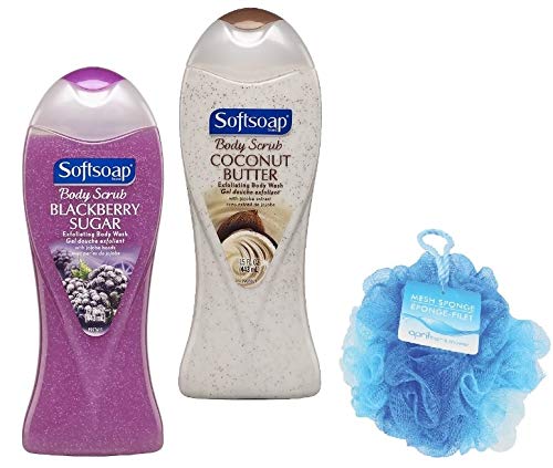 Softsoap Body Scrub Wash Bundle Includes Blackberry Sugar, Coconut Butter and Mesh Bath Sponge (Colors May Vary) (3 Items)