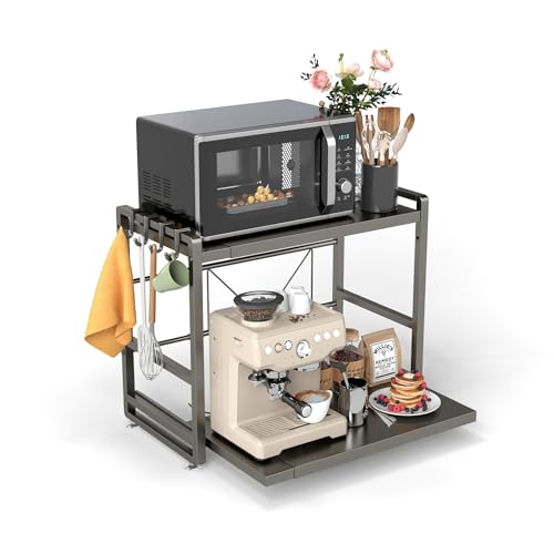 BeSokar Estante para microondas de 2 niveles, estante de cocina extensible y ajustable en altura con cajón, hecho de acero al carbono, incluye ganchos y ventosas de refuerzo, fácil montaje (negro)