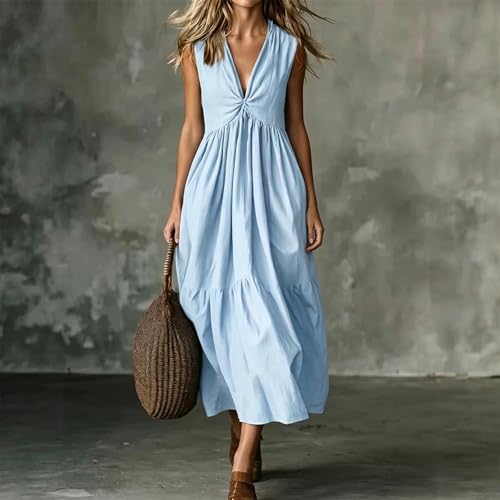Robe débardeur fluide col en V robe d'été ample en tissu mélangé - 5