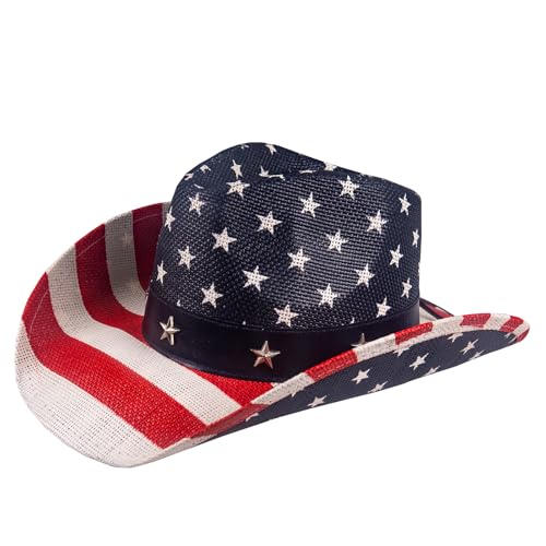 Image of Evankin American Flag Hat, USA Western Cowboy Hat on July 4th | American Flag Hat, 4th of July Patriotic Hat,USA Western Cowboy Hat, Straw Weaving Star,Summer Sunhat for Men and Women
