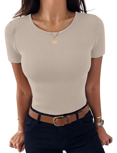 Aottori Damen T-Shirt, geripptes Rundhals-Top, Slim Fit