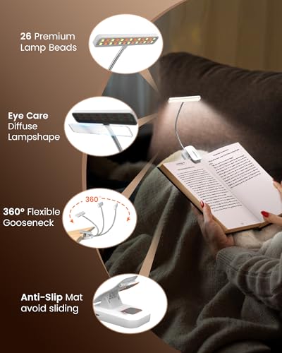 Image of Glocusent 26 LED Book Light, 1200 mAh 90 Hrs Lasting Rechargeable Reading Light, 5 Amber Colors & Stepless Dimming Book Reading Light - Portable Clip on Light for Book Lovers Kids
