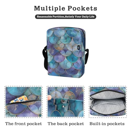 Crossbody Bag Blue Purple Mermaid Scale Messenger Bag for Women Men Purse Shoulder Bag Satchel Bag with Adjustable Strap 214B30982